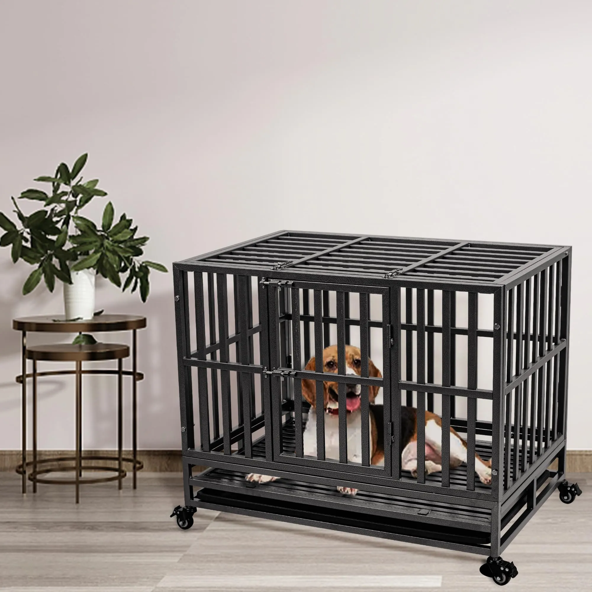 38 inch Heavy Duty Indestructible Dog Crate with Lockable Wheels, Double Door, and Removable Tray