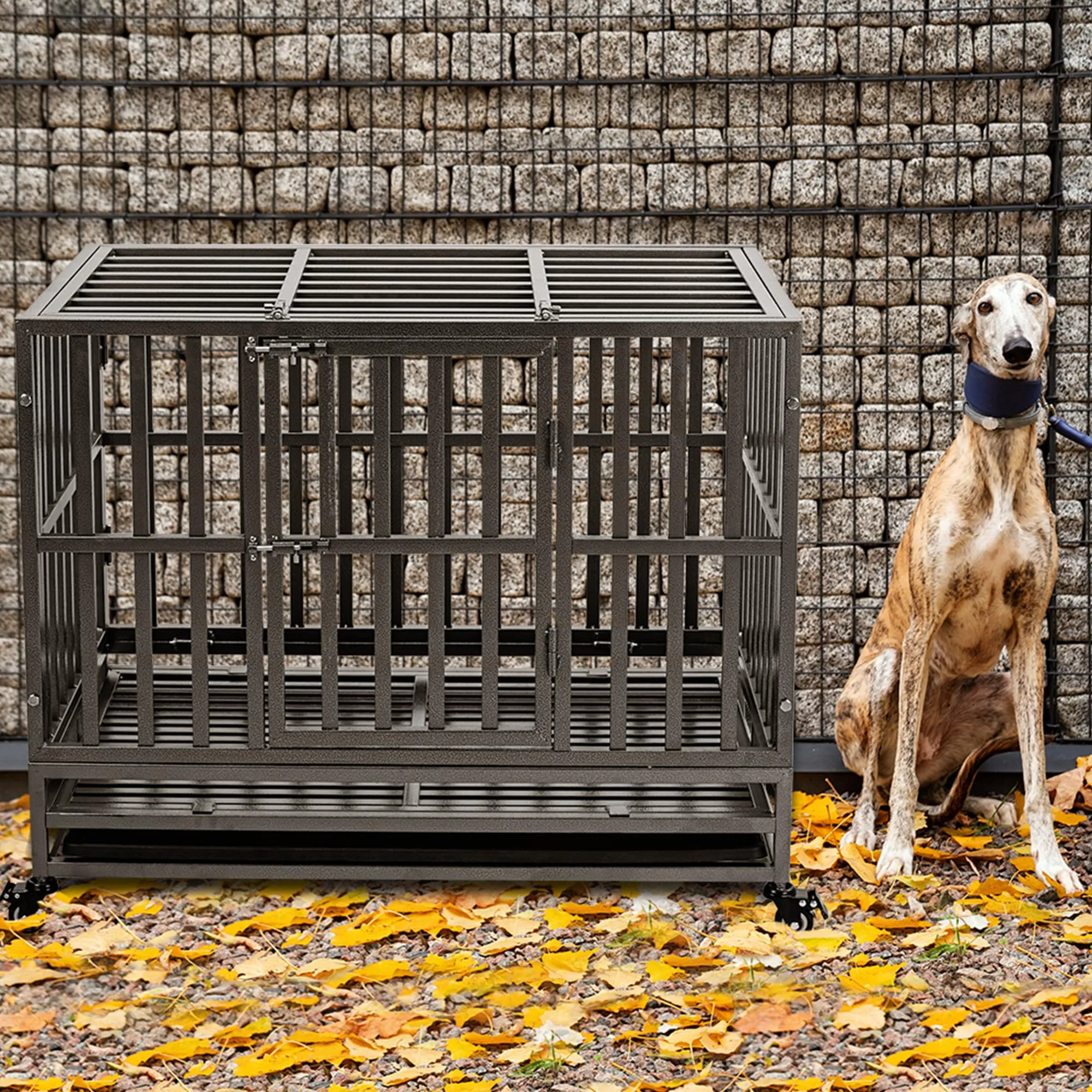 38 inch Heavy Duty Indestructible Dog Crate with Lockable Wheels, Double Door, and Removable Tray