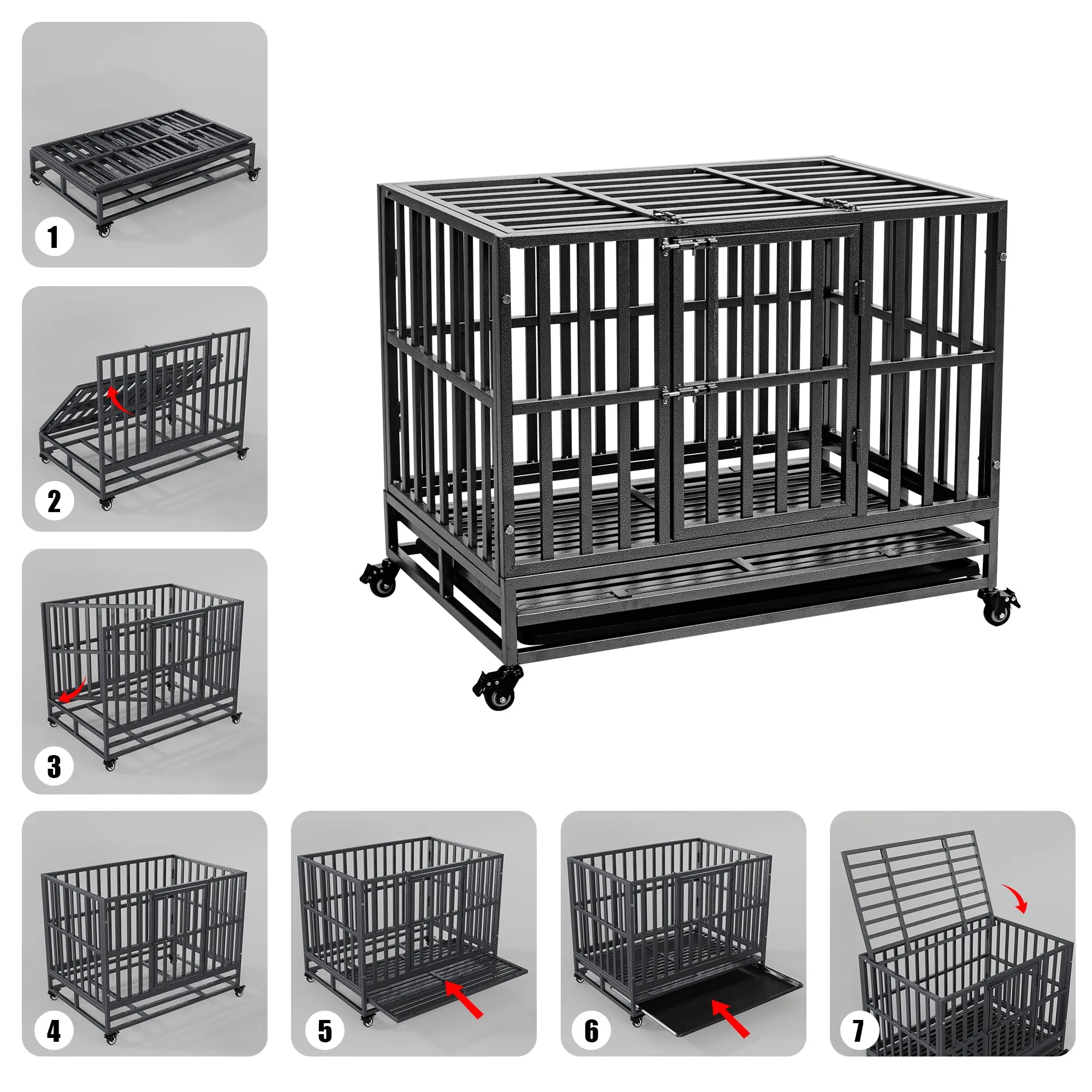 38 inch Heavy Duty Indestructible Dog Crate with Lockable Wheels, Double Door, and Removable Tray