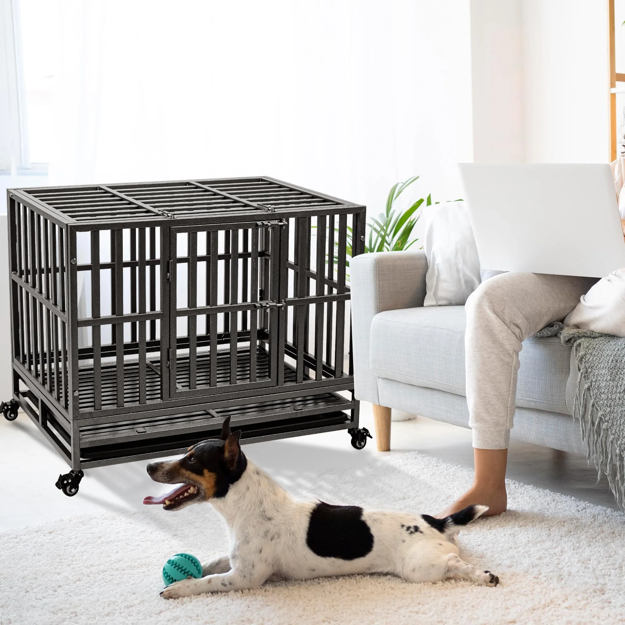 38 inch Heavy Duty Indestructible Dog Crate with Lockable Wheels, Double Door, and Removable Tray