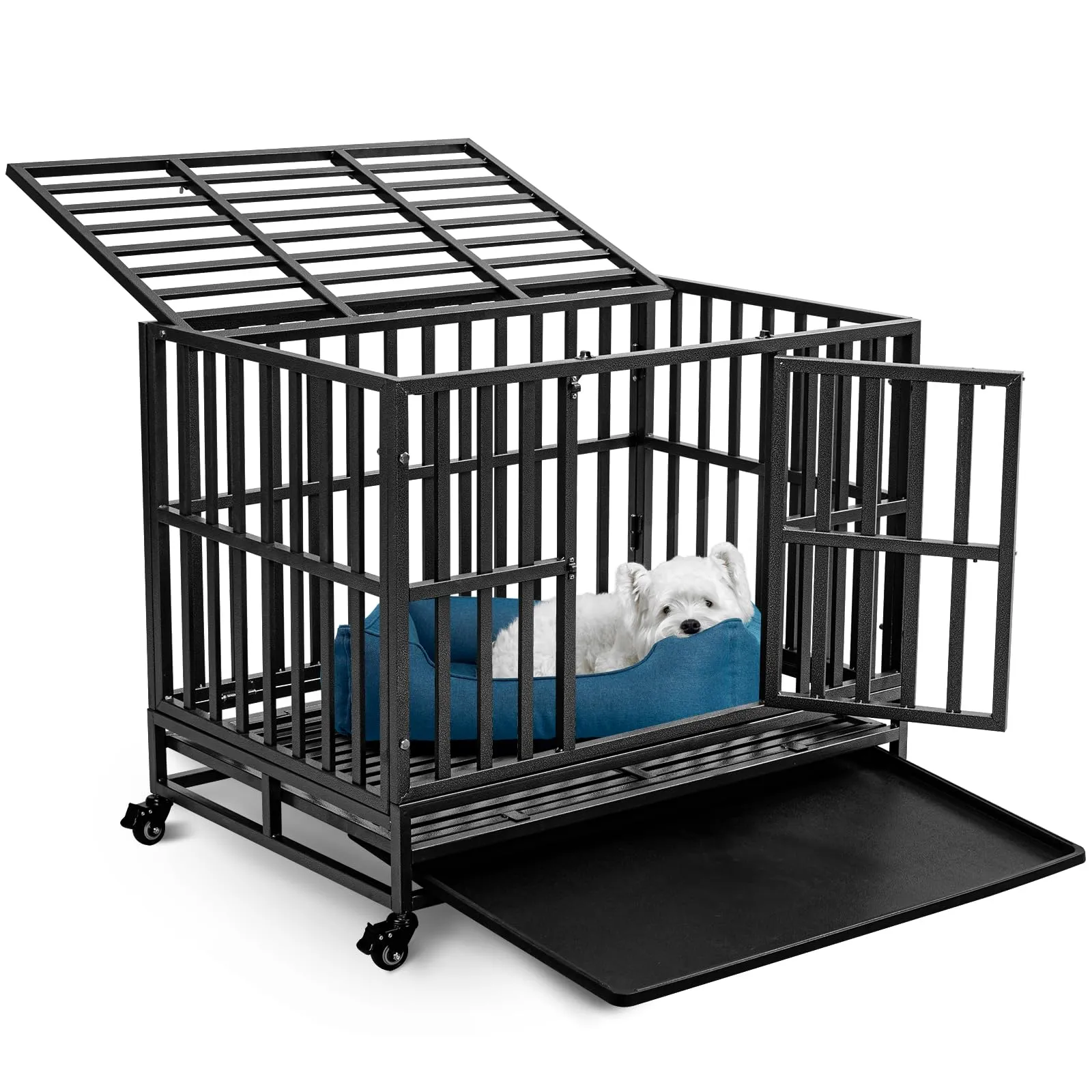 38 inch Heavy Duty Indestructible Dog Crate with Lockable Wheels, Double Door, and Removable Tray