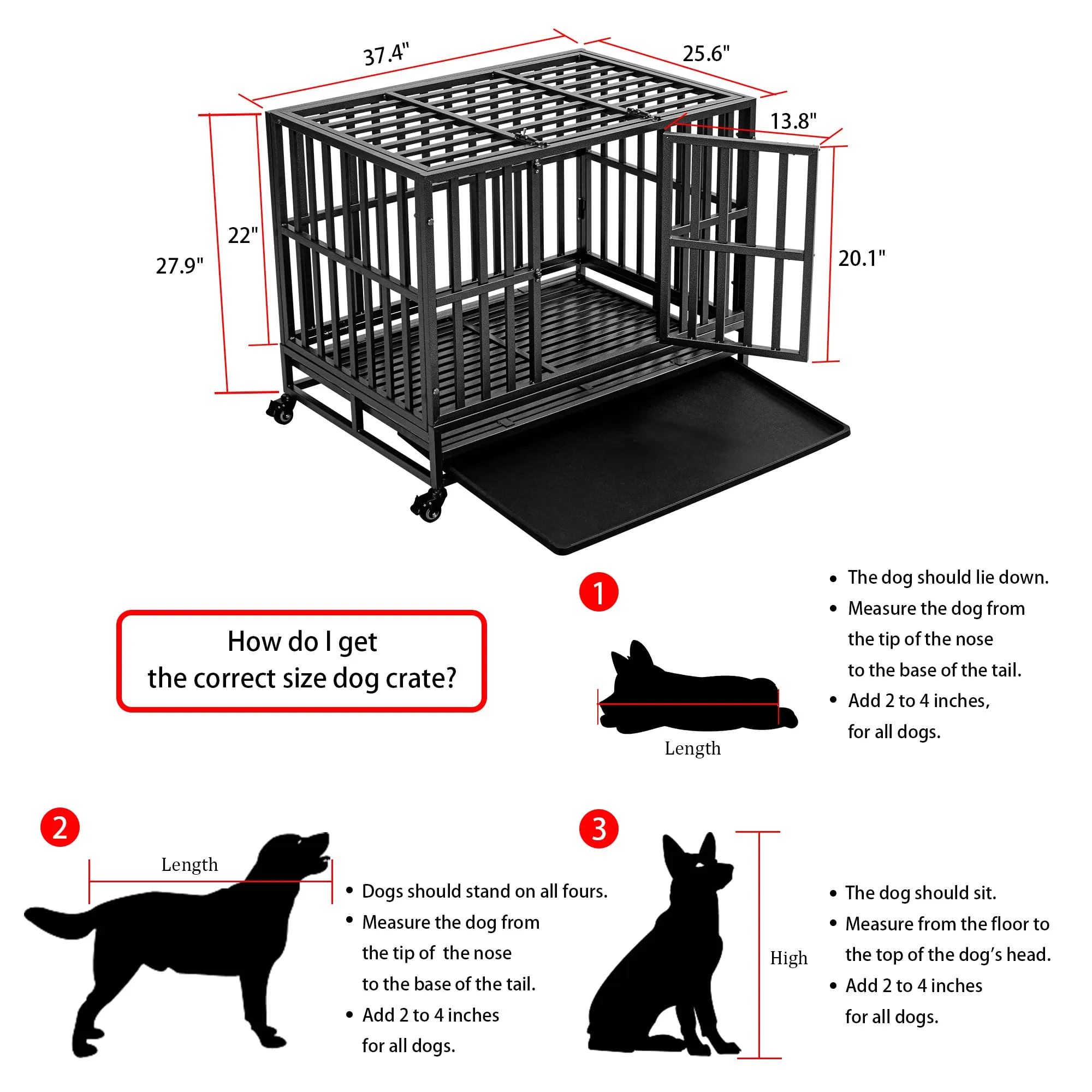 38 inch Heavy Duty Indestructible Dog Crate with Lockable Wheels, Double Door, and Removable Tray