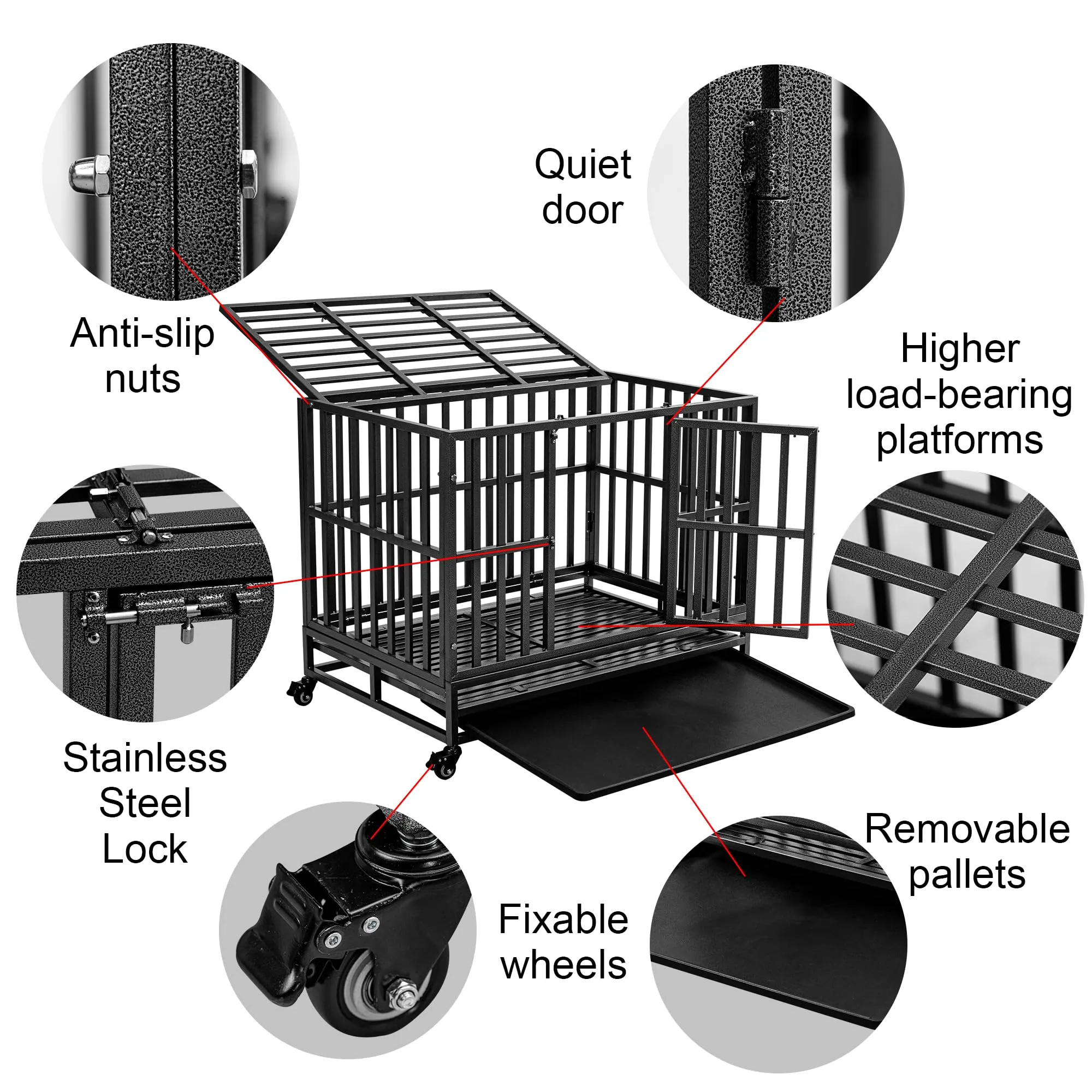 38 inch Heavy Duty Indestructible Dog Crate with Lockable Wheels, Double Door, and Removable Tray