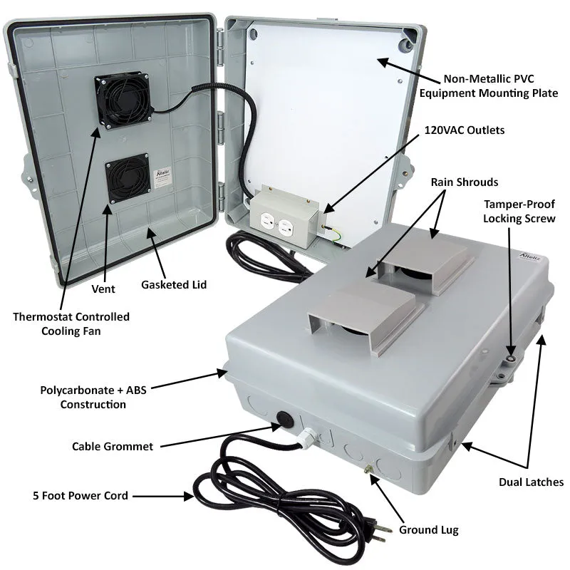 Altelix 17x14x6 Polycarbonate   ABS Vented RF Transparent Outdoor WiFi Enclosure with No-Drill PVC Equipment Mounting Plate, Cooling Fan, 120 VAC Outlets & Power Cord