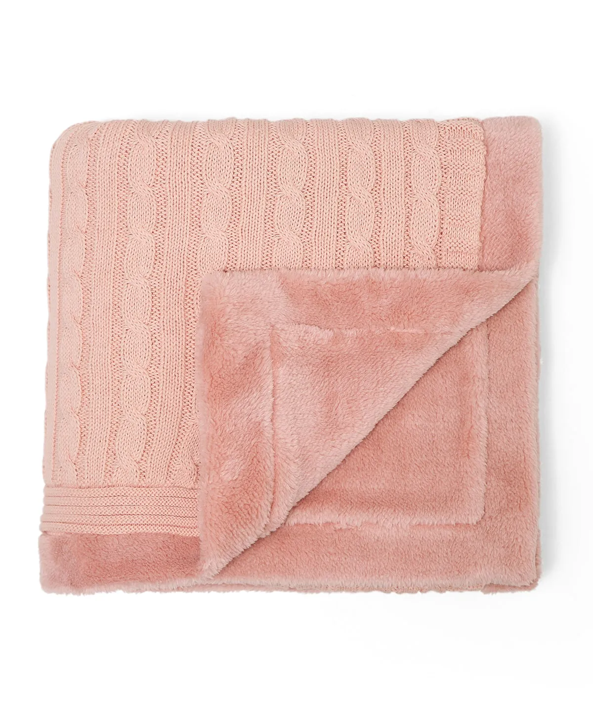 Cable Knit with Embroidered Heart- Baby Pink Cotton Knitted Blanket With Faux Fur Back For Babies