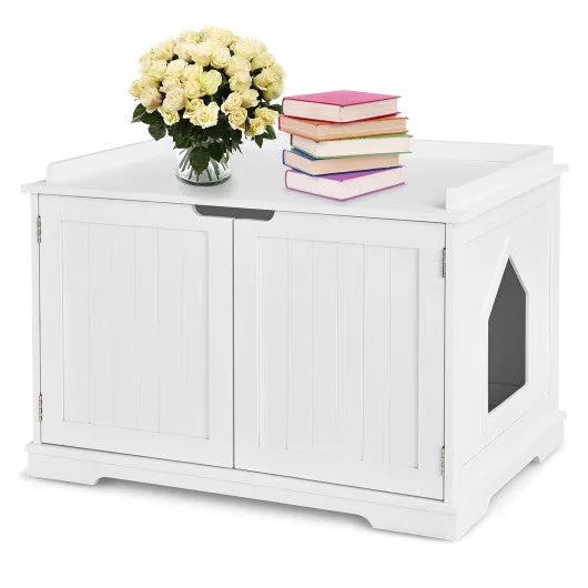 Cat Litter Box Enclosure with Double Doors for Large Cat and Kitty-White