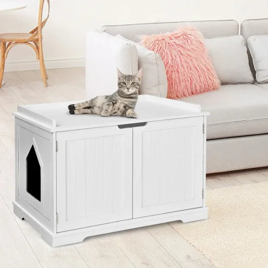 Cat Litter Box Enclosure with Double Doors for Large Cat and Kitty-White