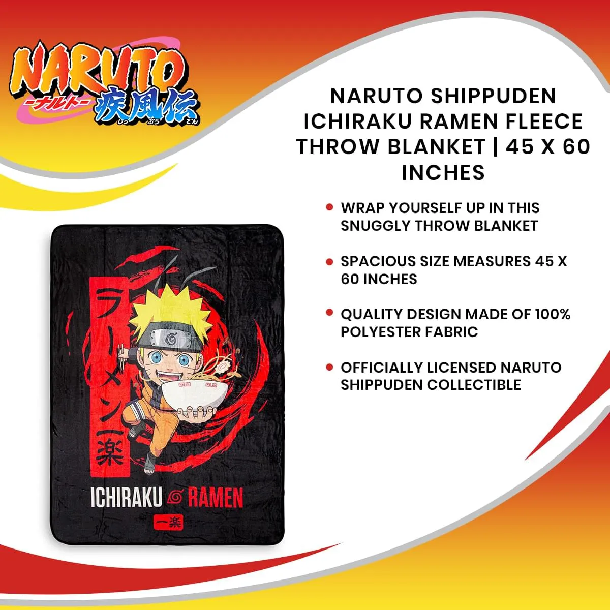 Naruto Shippuden Ichiraku Ramen Fleece Throw Blanket | 45 x 60 Inches