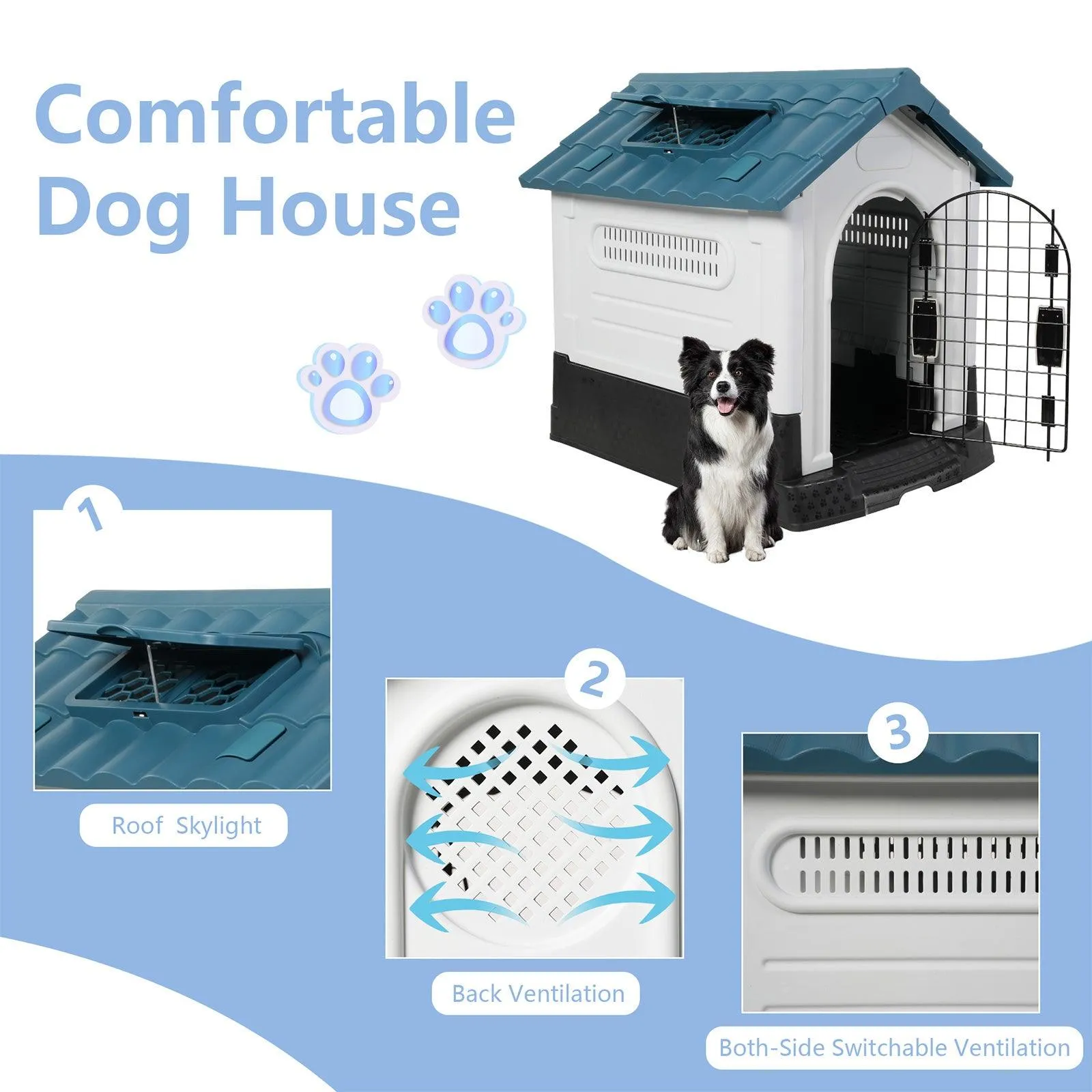 Outdoor Medium Dog House Plastic Waterproof Kennel with Air Vents, 33"L x 27.6"W x 29.9"H, Blue Roof