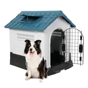 Outdoor Medium Dog House Plastic Waterproof Kennel with Air Vents, 33"L x 27.6"W x 29.9"H, Blue Roof