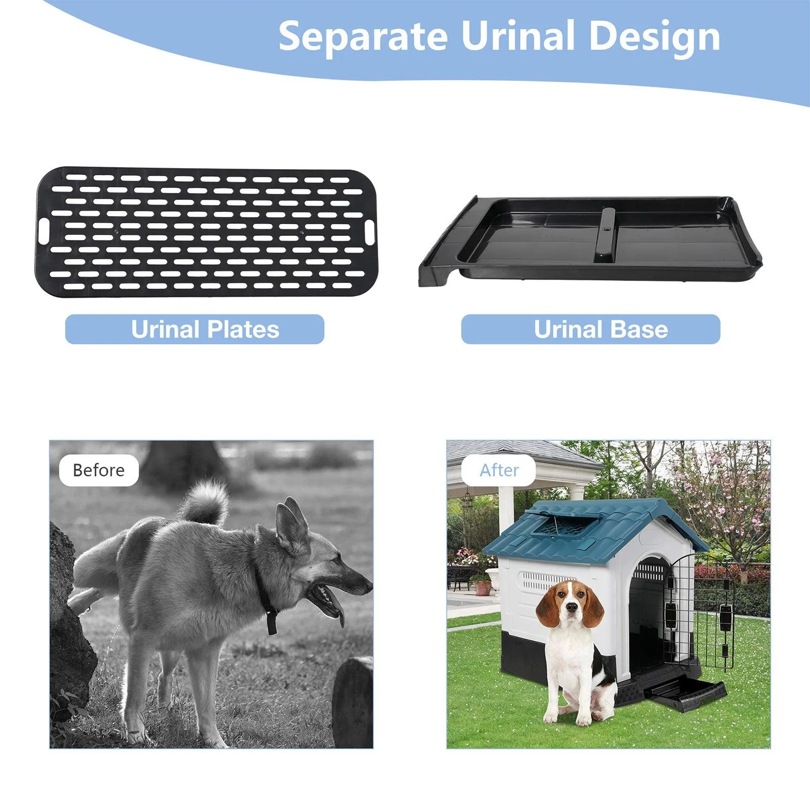 Outdoor Medium Dog House Plastic Waterproof Kennel with Air Vents, 33"L x 27.6"W x 29.9"H, Blue Roof